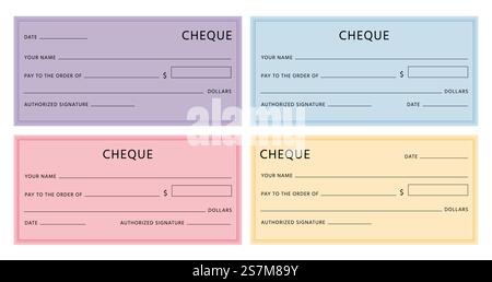 Modèle de chèque. Maquettes de pages de chéquier vierges avec des champs vides. Modèles de chèques bancaires avec bordures. Jeu vectoriel coloré de faux chèques bon d'achat. Illustration billet de chèque vierge. Modèle de chèque. Maquettes de pages de chéquier vierges avec des champs vides. Modèles de chèques bancaires avec bordures. Jeu vectoriel coloré de faux chèques bon d'achat Illustration de Vecteur