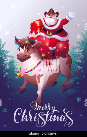 Père Noël avec sac rouge de cadeaux assis sur le taureau. Joyeux Noël 2021 modèle de texte de carte de voeux. Illustration vectorielle de dessin animé. Père Noël avec sac rouge de cadeaux assis sur le taureau. Joyeux Noël 2021 modèle de texte de carte de voeux Illustration de Vecteur