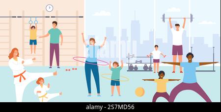 Parents et enfants dans la salle de gym. Les familles font de l'exercice. Cours de sport ou entraînement physique pour les enfants. Karaté, fitness et concept vectoriel de gymnastique. Les gens avec barre, hula hoops, style de vie actif. Parents et enfants dans la salle de gym. Les familles font de l'exercice. Cours de sport ou entraînement physique pour les enfants. Karaté, fitness et concept vectoriel de gymnastique Illustration de Vecteur