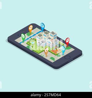Bâtiments isométriques plats sur l'écran du smartphone. Repères de GÉOLOCALISATION. Illustration vectorielle de modèle d'infographie d'application Smart City. Concept d'application mobile isométrie 3D. Illustration de Vecteur