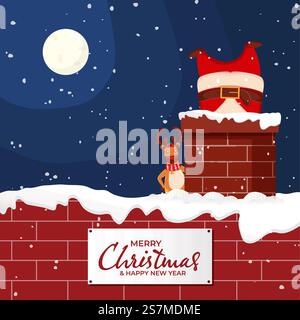 Illustration du Père Noël descendre la cheminée avec Cartoon Reindeer sur fond de neige pleine lune pour Joyeux Noël et nouvel an. Illustration de Vecteur