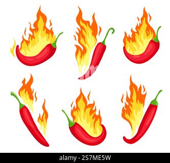 Chili en feu. Dessins animés de poivrons rouges chauds avec des flammes. Icône de la nourriture épicée, emblème pour la sauce mexicaine ou le restaurant. Ensemble de vecteurs d'étiquette de piment. Ingrédient végétal pour l'assaisonnement et la cuisson. Chili en feu. Dessins animés de poivrons rouges chauds avec des flammes. Icône de la nourriture épicée, emblème pour la sauce mexicaine ou le restaurant. Ensemble de vecteurs d'étiquette de piment Illustration de Vecteur