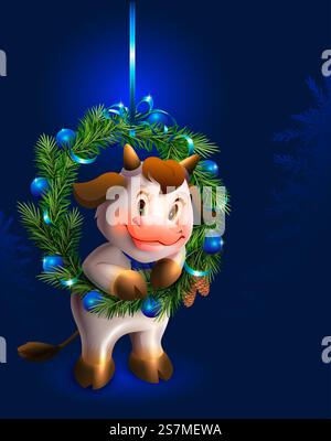 Symbole de couronne de taureau blanc et sapin de noël de 2021. Modèle de carte de voeux de Noël nouvel an. Illustration vectorielle de dessin animé. Symbole de couronne de taureau blanc et sapin de noël de 2021. Modèle de carte de voeux de Noël nouvel an Illustration de Vecteur