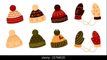 Chapeaux tricotés plats, ensemble moufles. Coiffure d'hiver confortable avec pompon. Vêtements chauds tricotés de Noël de saison. Bonnet tricoté plat moufle chapeaux de Noël vecteur set Illustration de Vecteur