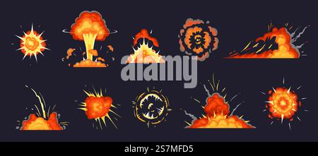 Explosion de dessins animés. Bombe explosive, effet d'explosion atomique et explosions comiques fument des nuages. Animation explosion destruction, flamme de feu de bombe comique. Icônes d'illustration vectorielle isolées définies. Explosion de dessins animés. Bombe explosante, effet d'explosion atomique et explosions comiques nuage de fumée jeu d'illustration vectorielle Illustration de Vecteur