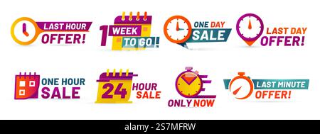 Badges de compte à rebours. Bannière d'offre de dernière minute, autocollants promotionnels de vente d'un jour et de vente de 24 heures. promotions spéciales business limited, badge best deal. Icônes vectorielles isolées définies. Badges de compte à rebours. Bannière d'offre de dernière minute, vente d'un jour et ensemble vectoriel d'autocollants promotionnels de vente de 24 heures Illustration de Vecteur