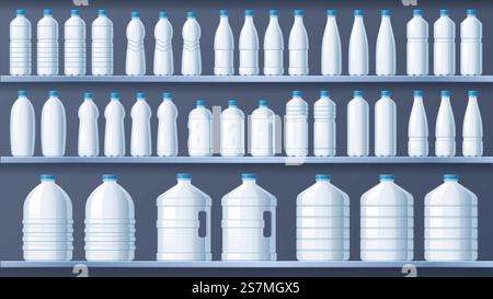 Bouteilles en plastique sur les étagères. Étagère d'eau distillée en bouteille, boissons liquides et magasin d'eau minérale pure. Emballage de bouteille en plastique, illustration vectorielle de conteneurs de livraison d'eau. Bouteilles en plastique sur les étagères. Étagère d'eau distillée en bouteille, boissons liquides et illustration vectorielle de magasin d'eau minérale pure Illustration de Vecteur