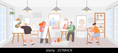 Classe d'atelier avec des artistes peignant des œuvres d'art sur des chevalets. Peintres homme et femme. Studio de cours de dessin créatif, affiche vectorielle de classe de peinture. Illustration de studio de classe d'artiste, éducation de passe-temps. Classe d'atelier avec des artistes peignant des œuvres d'art sur des chevalets. Peintres homme et femme. Studio de cours de dessin créatif, affiche vectorielle de classe de peinture Illustration de Vecteur