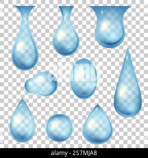 Gouttes d'eau et bulles. icônes de gouttelettes bleues fraîches 3d réalistes. Déchirure, rosée ou goutte de pluie. Nature nettoyer les formes liquides. Ensemble vectoriel de logo de fraîcheur. Gouttelette de pluie Aqua isolée sur transparent. Gouttes d'eau et bulles. icônes de gouttelettes bleues fraîches 3d réalistes. Déchirure, rosée ou goutte de pluie. Nature nettoyer les formes liquides. Ensemble vectoriel de logo de fraîcheur Illustration de Vecteur