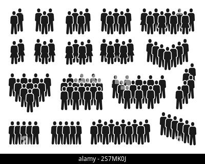 Icônes de foule de gens. Groupe de personnes rassemblant, silhouette d'hommes et de femmes. Ensemble vectoriel de pictogrammes d'équipe d'employés, de citoyens ou de communautés sociales. Illustration foule des gens silhouette méconnaissable. Icônes de foule de gens. Groupe de personnes rassemblant, silhouette d'hommes et de femmes. Ensemble vectoriel de pictogrammes d'équipe d'employés, de citoyens ou de communautés sociales Illustration de Vecteur