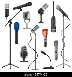 Microphones sur pieds. Micro chanteur avec fil pour la performance sur scène. Matériel d'enregistrement audio pour studio de musique. Ensemble vectoriel de microphone radio de dessin animé. Illustration microphone à la diffusion et au divertissement. Microphones sur pieds. Micro chanteur avec fil pour la performance sur scène. Matériel d'enregistrement audio pour studio de musique. Ensemble vectoriel de microphone radio de dessin animé Illustration de Vecteur