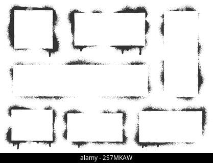Peinture au pistolet pour cadres de pochoir graffiti. Bannière de peinture à l'aérographe noire, toile de fond de pochoir et bordures de texture de peinture au pistolet. Bordure de pochoir rectangulaire abstraite avec éclaboussure de pinceau. Icônes vectorielles isolées définies. Peinture au pistolet pour cadres de pochoir graffiti. Bannière noire de peinture à l'aérographe, fond de pochoir et ensemble de vecteurs de bordures de texture de peinture au pistolet Illustration de Vecteur