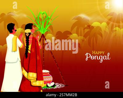 Couple sud-indien faisant Surya (Soleil) culte avec canne à sucre, fruits et pot de boue de riz Pongali à l'occasion de Pongal. Illustration de Vecteur