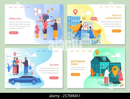 Bannière web d'agence immobilière, vente et achat en ligne de propriété privée, page d'accueil de société de location de bureau et modèles de site Web. Location de voiture et service de courtier immobilier commercial, conception plate vectorielle. Société immobilière, bureau, agence Illustration de Vecteur