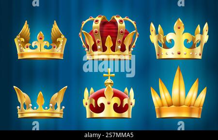 Couronne royale réaliste. Joyaux de roi, couronnes de monarques avec des pierres précieuses vecteur set. Collection de coiffures dorées et de couronnes décorées de perles, pierres précieuses. Paquet de regalia monarchique élégant.. Couronne royale réaliste. Joyaux de roi, couronnes de monarques avec des pierres précieuses vecteur set Illustration de Vecteur