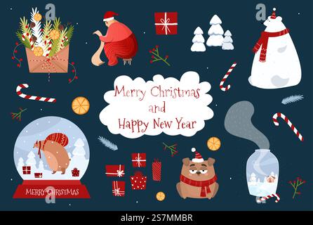 Éléments de Noël pour Design. Éléments et personnages du nouvel an. Autocollants des fêtes. Ours de dessin animé, enveloppe, père noël, chien. Stock vectoriel. Éléments de Noël pour Design. Éléments et personnages du nouvel an. Autocollants des fêtes. Ours de dessin animé, enveloppe, père noël, chien. Illustration de Vecteur