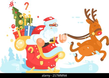 Le Père Noël monte en traîneau avec des boîtes cadeaux sur des cerfs. Illustration vectorielle. Le Père Noël monte en traîneau Illustration de Vecteur
