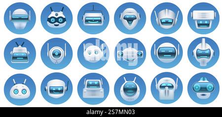 Avatars de tête de robot. Assistant virtuel de dessin animé, visages de bot de chat, logo de robots, emoji et mascottes. Jeu de vecteurs d'icônes de caractère android futuriste. Illustration assistant virtuel, visage emoji tête robot. Avatars de tête de robot. Assistant virtuel de dessin animé, visages de bot de chat, logo de robots, emoji et mascottes. Jeu de vecteurs d'icônes de caractère android futuriste Illustration de Vecteur
