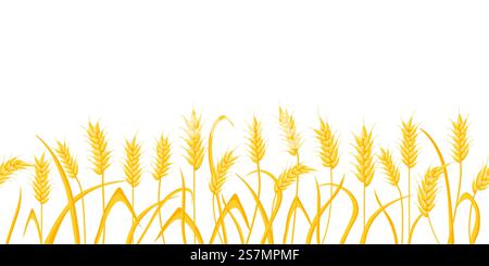 Fond de champ de ferme de dessin animé avec des pointes de blé doré. Agriculture céréales épis. Scène rurale avec motif de frontière de vecteur de récolte de grain. Illustration de grain de blé doré, nourriture de récolte. Fond de champ de ferme de dessin animé avec des pointes de blé doré. Agriculture céréales épis. Scène rurale avec motif de frontière de vecteur de récolte de grain Illustration de Vecteur