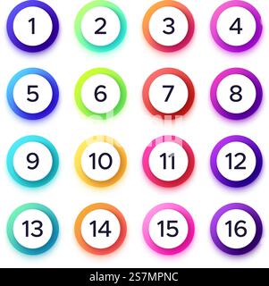 Nombres dans des cadres colorés dégradés. Ensemble vectoriel de gradients d'anneaux, nombre dans le cercle rond illlustration. Nombres dans des cadres colorés dégradés. Ensemble de vecteurs Illustration de Vecteur