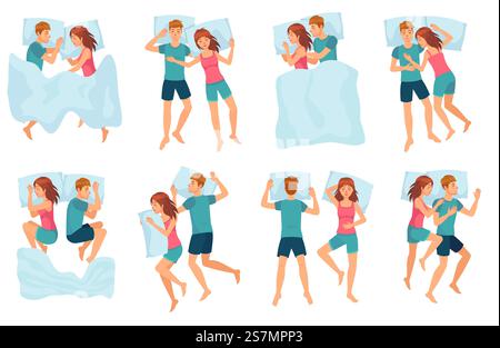 Couple dort dans différentes poses. Homme et femme dormant ensemble, couple dans le lit et ensemble vecteur de sommeil de nuit sain. Mignon garçon et fille dormant. Personnages de dessins animés masculins et féminins qui s'endorment.. Couple dort dans différentes poses. Homme et femme dormant ensemble, couple dans le lit et ensemble vecteur de sommeil de nuit sain Illustration de Vecteur