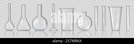 Béchers et flacons réalistes. Équipement de mesure de laboratoire vide 3D, tubes en verre médecine, bouteilles et conteneurs de chimie ensemble vectoriel. Illustration en verre de laboratoire pour test, flacon de laboratoire d'équipement. Béchers et flacons réalistes. Équipement de mesure de laboratoire vide 3D, tubes en verre pour la médecine, bouteilles et ensembles vectoriels de conteneurs de chimie Illustration de Vecteur
