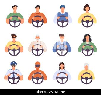 Pilotes. Homme et femme conduisant des icônes de voiture. Chauffeur de taxi et passager, courrier, police et personne âgée avec roue. Chauffeur vecteur set, personnage de personnes de conducteur sur l'illustration de route. Pilotes. Homme et femme conduisant des icônes de voiture. Chauffeur de taxi et passager, courrier, police et personne âgée avec roue. Ensemble vecteur chauffeur Illustration de Vecteur