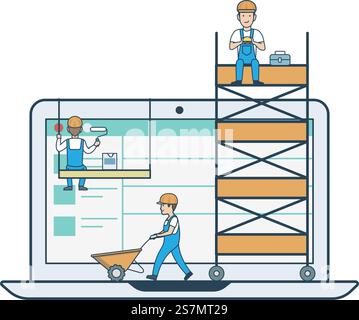 Illustration vectorielle web de concept de développement de webdesign linéaire plat. Micro personnes construisant l'interface utilisateur graphique UI/UX conception de convivialité pour ordinateur portable. Collection Creative People Illustration de Vecteur