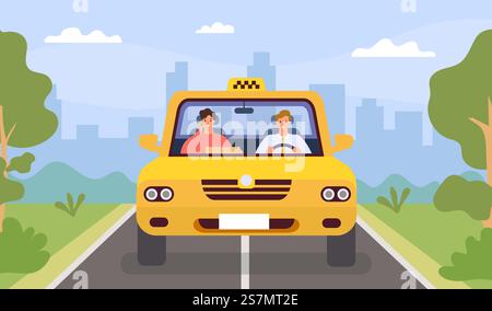 Chauffeur de taxi et client. Homme conduire la voiture et le passager avec smartphone. Vue avant de la cabine en paysage urbain. Concept de vecteur d'application de taxi de dessin animé plat. Chauffeur de taxi automatique et passager conduisant dans la cabine illustration. Chauffeur de taxi et client. Homme conduire la voiture et le passager avec smartphone. Vue avant de la cabine en paysage urbain. Concept de vecteur d'application de taxi de dessin animé plat Illustration de Vecteur