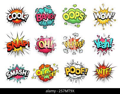 Nuages de signes comiques. Boum bang, wow et bulles de discours cool. Burst expressions de nuage, comics mems humour bulles de dialogue ou super-héros parlent exploser. Ensemble de signes vectoriels de dessin animé isolé. Nuages de signes comiques. Boum bang, wow et bulles de discours cool. Jeu de vecteurs de dessin animé d'expressions de nuage en rafale Illustration de Vecteur