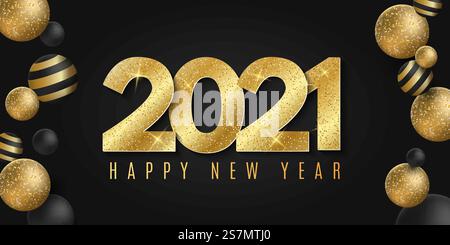 Carte de voeux élégante pour bonne année 2021. Affiche pour l'événement de noël. Boules volumétriques scintillantes dynamiques avec motif. Bannière design festif à la mode. Illustration vectorielle. SPE 10. Carte de voeux élégante pour bonne année 2021. Affiche pour l'événement de noël. Boules volumétriques scintillantes dynamiques avec motif. Bannière design festif à la mode. Illustration vectorielle Illustration de Vecteur