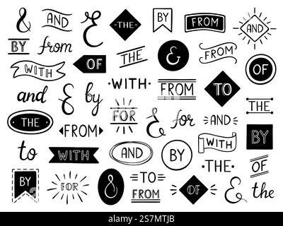 Esperluette de lettrage vintage et mots clés. Doodle mot clé, esperluettes dessinées à la main dans les cadres et le vecteur de signe défini. Pack de conjurations de mots manuscrits. Carte postale vintage, éléments de conception d'invitation. Esperluette de lettrage vintage et mots clés. Doodle mot clé, esperluettes dessinées à la main dans les cadres et le vecteur de signe défini. Pack de conjurations de mots manuscrits. Carte postale élégante, éléments de conception d'invitation Illustration de Vecteur