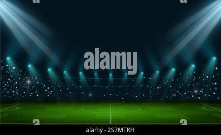 Stade de football. Stade de football européen réaliste avec terrain en herbe, lumières et projecteurs. scène de nuit de vecteur de terrain de jeu de sport de balle 3d. Arena stade réaliste illustration européenne. Stade de football. Stade de football européen réaliste avec terrain en herbe, lumières et projecteurs. scène de nuit de vecteur de terrain de jeu de sport de balle 3d. Illustration de Vecteur