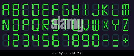Police d'affichage numérique. Lettres et chiffres de réveil, alphabet électronique et vecteur de symboles d'écran de calculatrice rétro. écran lcd et caractères abc numériques du tableau de bord. Police d'affichage numérique. Lettres et chiffres de réveil, alphabet électronique et vecteur de symboles d'écran de calculatrice rétro Illustration de Vecteur