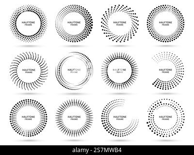 Trame demi-ton ronde. Cercle pointillé, cadres abstraits vintage de demi-teintes de points et ensemble de vecteurs de cercles de points aléatoires. Point de point d'effet, cercle transparent illustration dynamique. Trame demi-ton ronde. Cercle pointillé, cadres abstraits vintage de demi-teintes de points et ensemble de vecteurs de cercles de points aléatoires Illustration de Vecteur