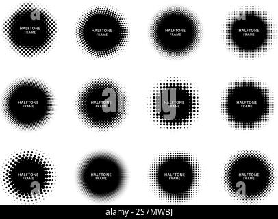 Cadres demi-teintes ronds. Cercles noirs avec texture en pointillés, points dégradés et formes de cercle étiquettent ensemble de vecteurs de cadre. Etiquette demi-ton vide, illustration ronde d'un motif de dégradé de tons directs. Cadres demi-teintes ronds. Cercles noirs avec texture en pointillés, points dégradés et formes de cercle étiquettent ensemble de vecteurs de cadre Illustration de Vecteur