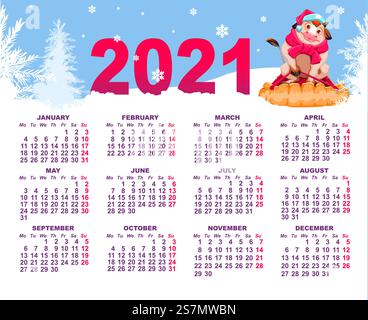 Calendrier mural 2021 année de taureau. Vache sur traîneau et forêt d'hiver avec de la neige. Illustration vectorielle de dessin animé. Calendrier mural 2021 année de taureau. Vache sur traîneau et forêt d'hiver avec de la neige Illustration de Vecteur