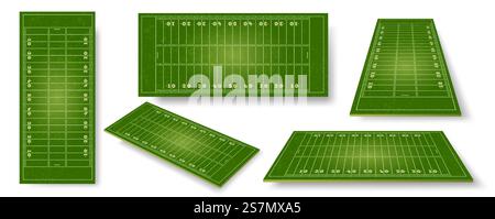 Terrain de football américain. Sheme de terrain de sport de balle réaliste avec marquages de zone. Perspective de terrain en herbe de stade, ensemble de vecteurs de vue latérale et de dessus. Terrain de jeu pour le football américain illustration réaliste. Terrain de football américain. Sheme de terrain de sport de balle réaliste avec marquages de zone. Perspective de terrain en herbe de stade, ensemble de vecteurs de vue latérale et de dessus Illustration de Vecteur