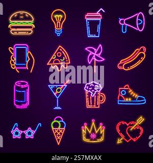 Icônes néon. Lumière incandescente pour une soirée disco. Boîtes de nuit ou enseignes de bar. Hamburger, pizza, cocktail, main avec téléphone et lunettes de mode ensemble vectoriel. Accessoires brillants comme ampoule, sneaker, mégaphone. Icônes néon. Lumière incandescente pour une soirée disco. Boîtes de nuit ou enseignes de bar. Hamburger, pizza, cocktail, main avec téléphone et lunettes de mode ensemble vectoriel Illustration de Vecteur