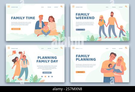 Pages de destination Happy Families. Parents actifs et enfant en vacances. Site Web pour la planification familiale, la vie saine et le jeu de vecteurs de temps de loisirs. Illustration modèle de famille site Web, enfants avec parents. Pages de destination Happy Families. Parents actifs et enfant en vacances. Site Web pour la planification familiale, la vie saine et le jeu de vecteurs de temps de loisirs Illustration de Vecteur