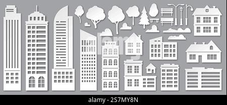 Bâtiments urbains coupés en papier. Gratte-ciel en origami, maisons de ville, chalets de village et silhouettes d'arbres de parc. Ensemble de vecteurs d'éléments de paysage urbain. Illustration ville architecturale, arbre et nuage. Bâtiments urbains coupés en papier. Gratte-ciel en origami, maisons de ville, chalets de village et silhouettes d'arbres de parc. Ensemble de vecteurs d'éléments de paysage urbain Illustration de Vecteur