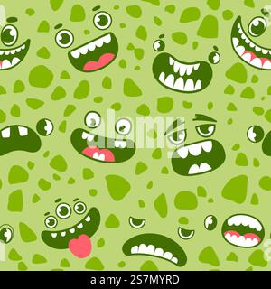 Motif sans couture Monster faces. Dessins animés halloween monstres, fantômes et étrangers yeux, bouches et dents. Imprimé vectoriel de créatures effrayantes pour les enfants. Illustration monstre halloween motif, visage effrayant. Motif sans couture Monster faces. Dessins animés halloween monstres, fantômes et étrangers yeux, bouches et dents. Imprimé vectoriel de créatures effrayantes pour les enfants Illustration de Vecteur