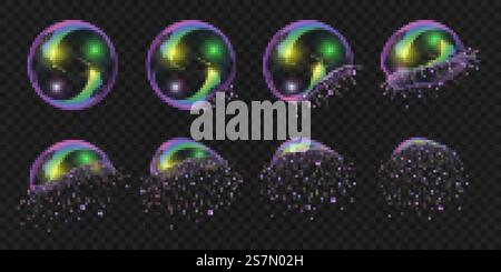 Séquence d'animation réaliste d'explosion de bulle de savon. sphère de mousse d'eau 3d avec texture de réflexion. Images vectorielles de mouvement éclatées par bulle. Shampooing brillant détruisant les balles ou les ballons Illustration de Vecteur