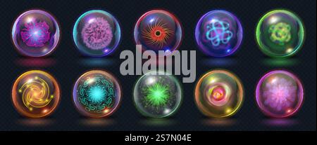Boules d'énergie magiques réalistes avec des effets de feu, de lumières et de foudre. Orbe de puissance luminescente avec rafale de plasma. Ensemble de vecteurs de sphère de cristal fantaisie. Élément spirituel mystique pour clairvoyant Illustration de Vecteur