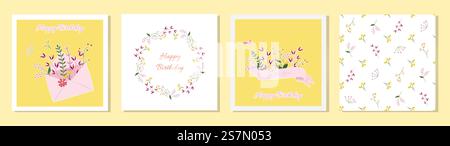 Ensemble d'ornements de concept d'anniversaire floral. Enveloppe avec des fleurs, fleurs avec un arc. Cadres floraux et motif floral sans couture. Vecteur Gree décoratif Illustration de Vecteur