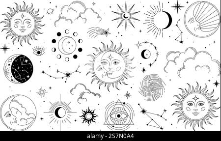Ensemble de soleil, lune, étoiles, nuages, constellations et symboles ésotériques. Alchemy éléments magiques mystiques pour estampes, affiches, illustrations et motifs. Objets occultistes spirituels noirs. Illustration de Vecteur