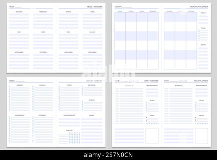Modèles de pages de notes du planificateur. Planificateurs annuels, mensuels et hebdomadaires. Modèle de tâches quotidiennes, d'objectifs et de rendez-vous, de calendrier de planification de liste de tâches ou de gestion. Ensemble de vecteurs isolés de papier bloc-notes. Modèles de pages de notes du planificateur. Planificateurs annuels, mensuels et hebdomadaires. Ensemble de vecteurs de modèles de tâches quotidiennes, d'objectifs et de rendez-vous Illustration de Vecteur