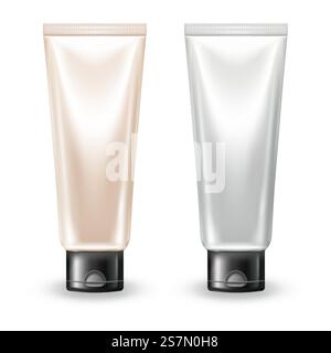 Maquette de tube de crème dorée et argentée en plastique de couleur claire isolée sur fond blanc. Modèle d'emballage de produit cosmétique. Maquette réaliste de bouteille de soin de la peau. Bouteille hydratante pour visage vierge pour le marquage.. Maquette de tube de crème dorée et argentée en plastique de couleur claire isolée sur fond blanc. Modèle d'emballage de produit cosmétique. Maquette réaliste de bouteille de soin de la peau. Bouteille hydratante pour visage vierge pour le marquage Illustration de Vecteur