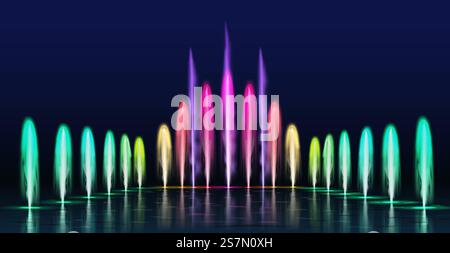 Spectacle des fontaines. Jets d'eau dansants colorés réalistes dans la nuit. Cascade de fontaine avec des lumières pour la décoration du parc, ensemble vecteur de sprays aqua 3D. Spectacle réaliste illuminé, beau design de divertissement. Spectacle des fontaines. Jets d'eau dansants colorés réalistes dans la nuit. Cascade de fontaine avec des lumières pour la décoration du parc, ensemble vecteur de sprays aqua 3D. Illustration de Vecteur