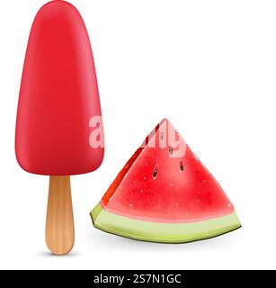 Crème glacée rose avec bâton de popsicle. Pièce de pastèque réaliste isolé sur fond blanc. Vecteur. Crème glacée rose avec bâton de popsicle. Pièce de pastèque réaliste isolé sur fond blanc. Illustration de Vecteur